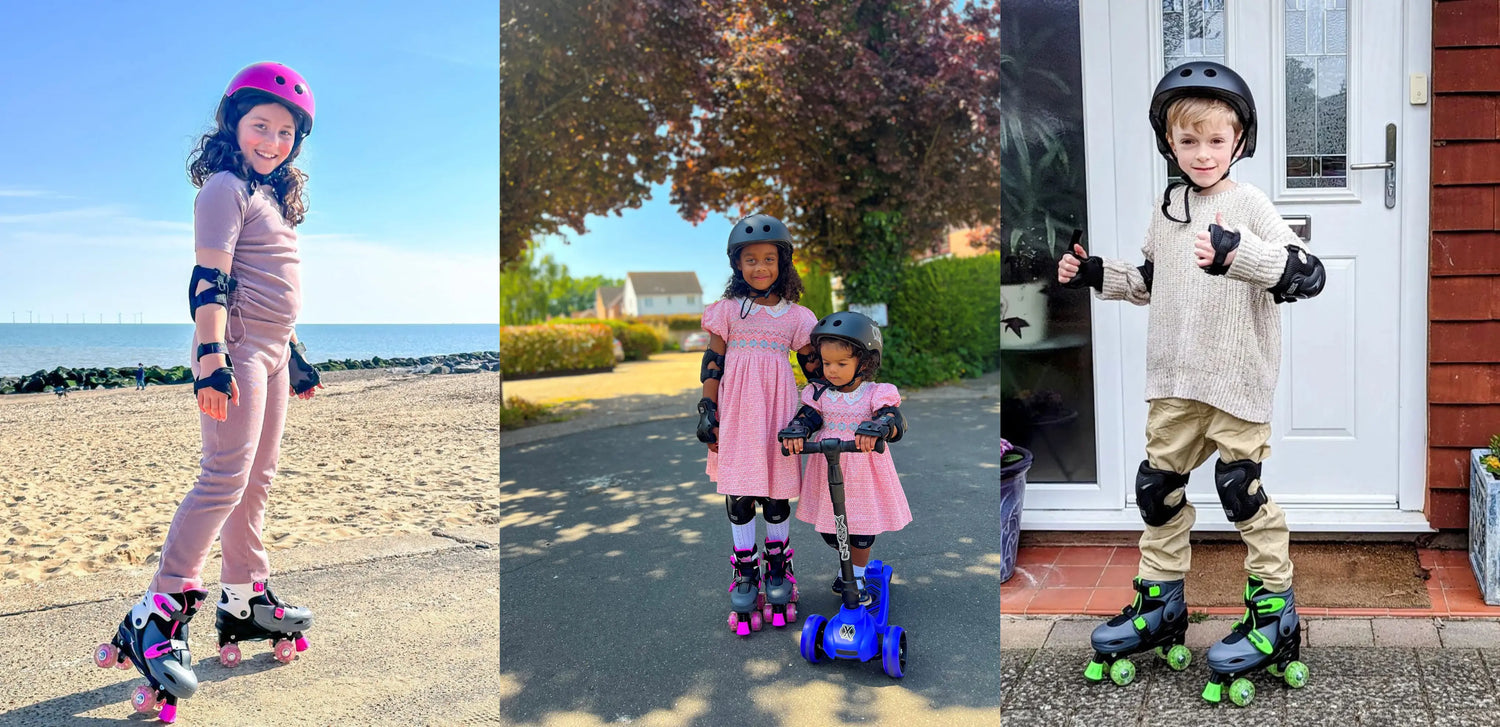 Collage of children outdoors roller skating and sisters riding scooters, showing fun Easter holiday outdoor activities for kids.