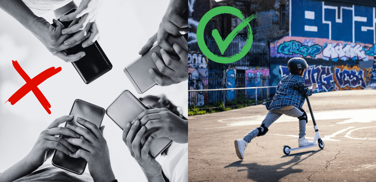 Image showing phones with a cross through them next to a child riding a scooter with a tick, illustrating the shift from screen time to outdoor activities.