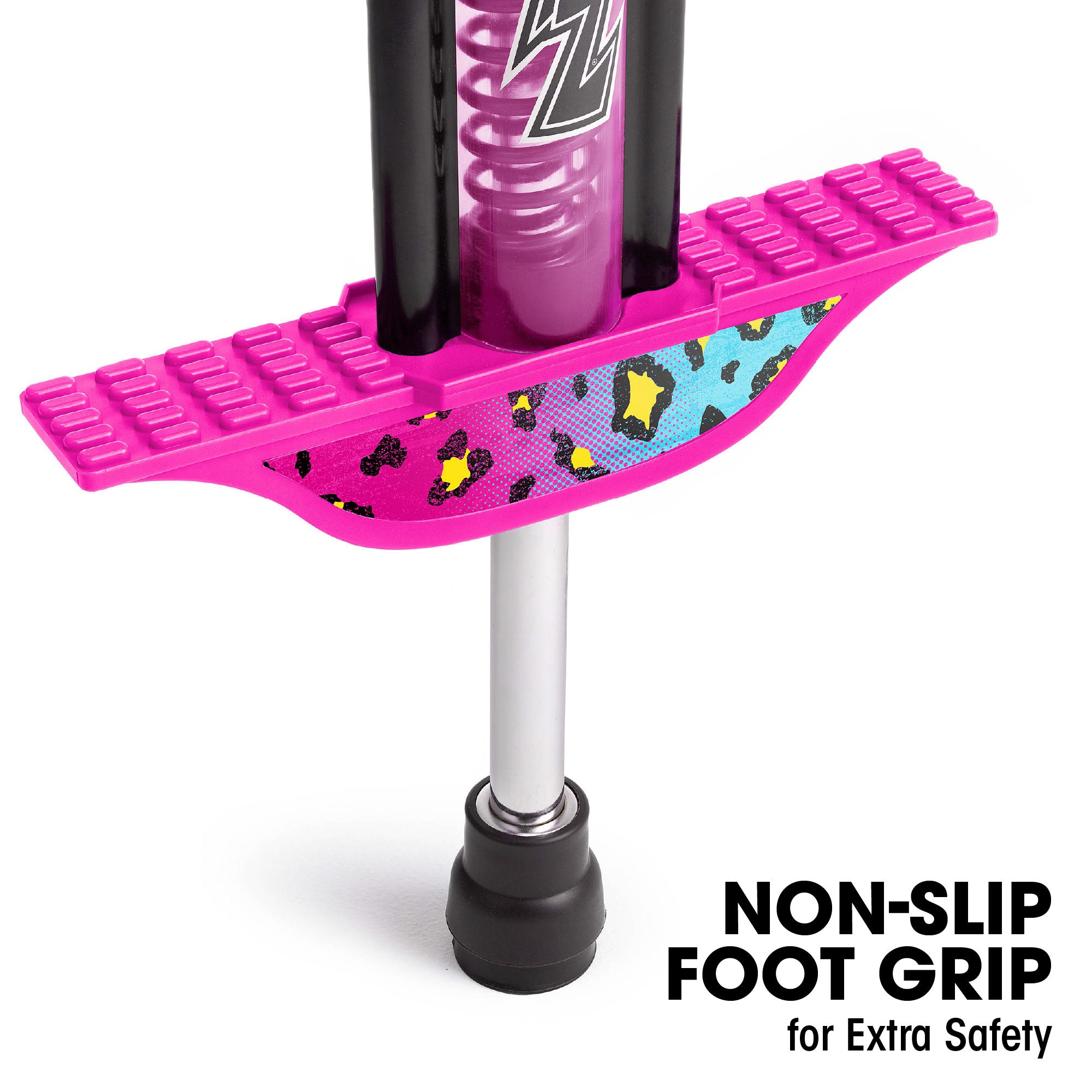 Pink pogo stick with a non-slip foot grip