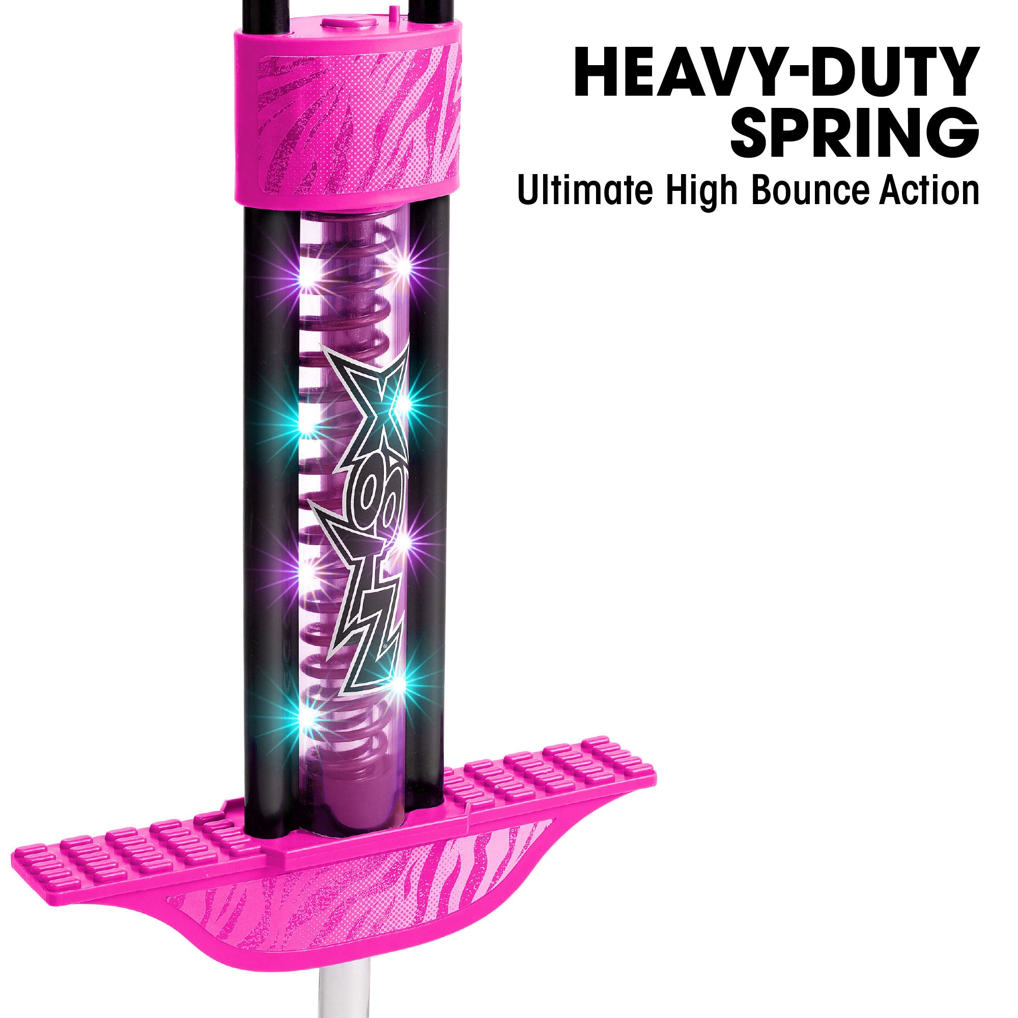 Pink and black pogo stick with 'Heavy-Duty Spring'