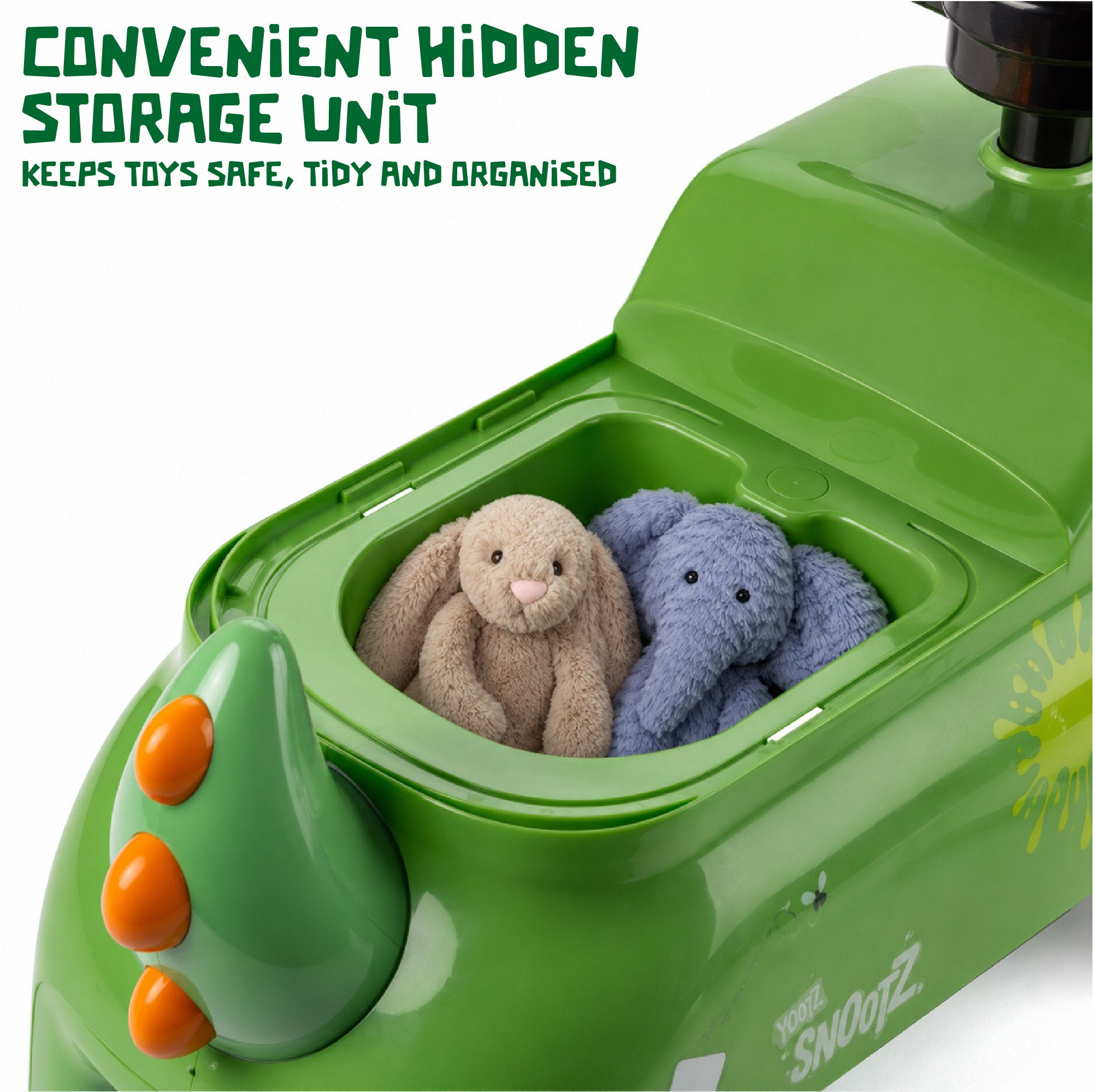 ride on toy car monster with convenient storage for toys