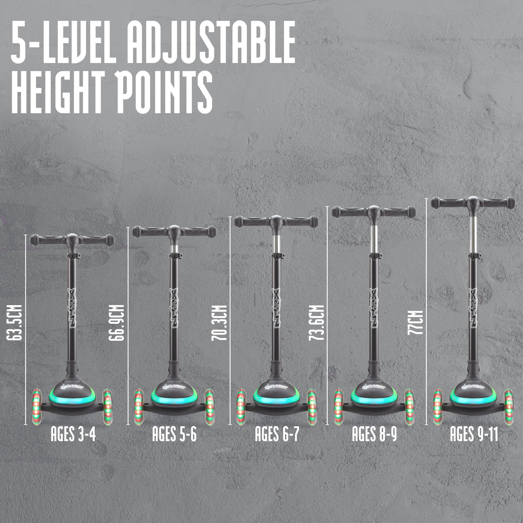 fully adjustable LED scooter with 5 level adjustable height points