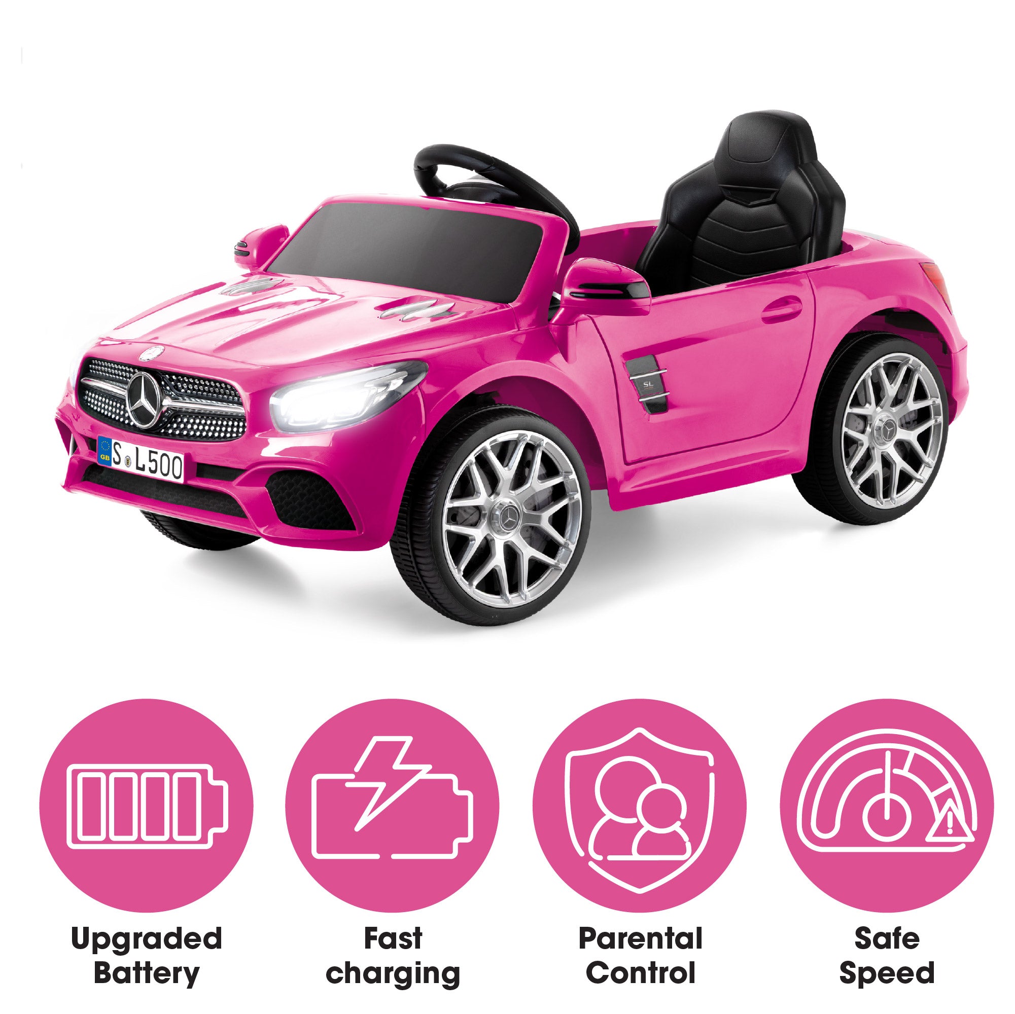 Pink toy car with Mercedes-Benz logo