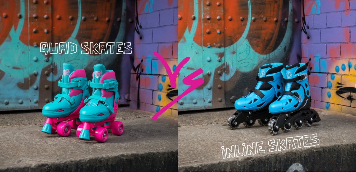 Quad skates and inline skates side by side showing the difference between kids roller skates