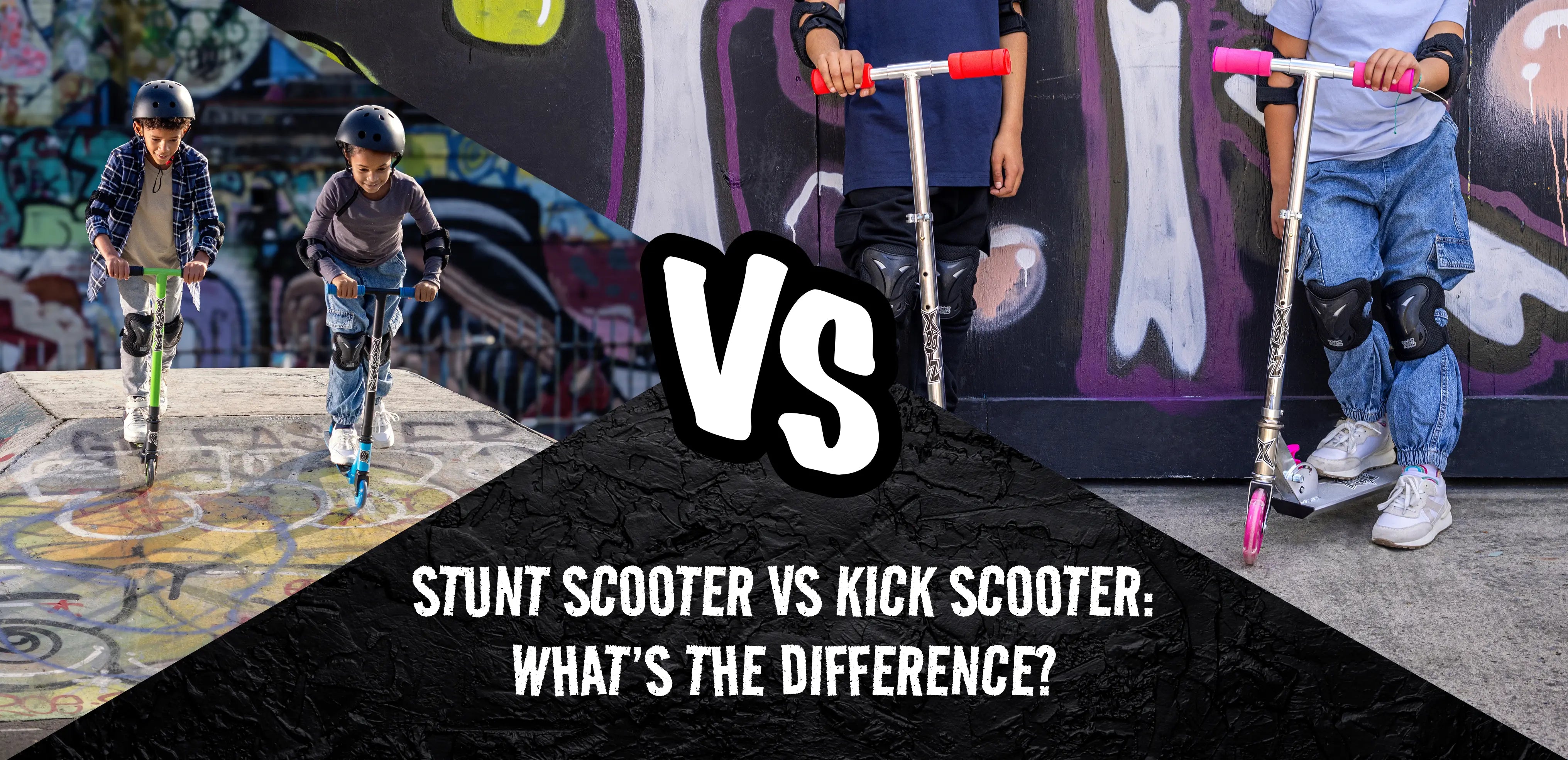Stunt scooter and kick scooter side by side showing the difference between scooter types for kids