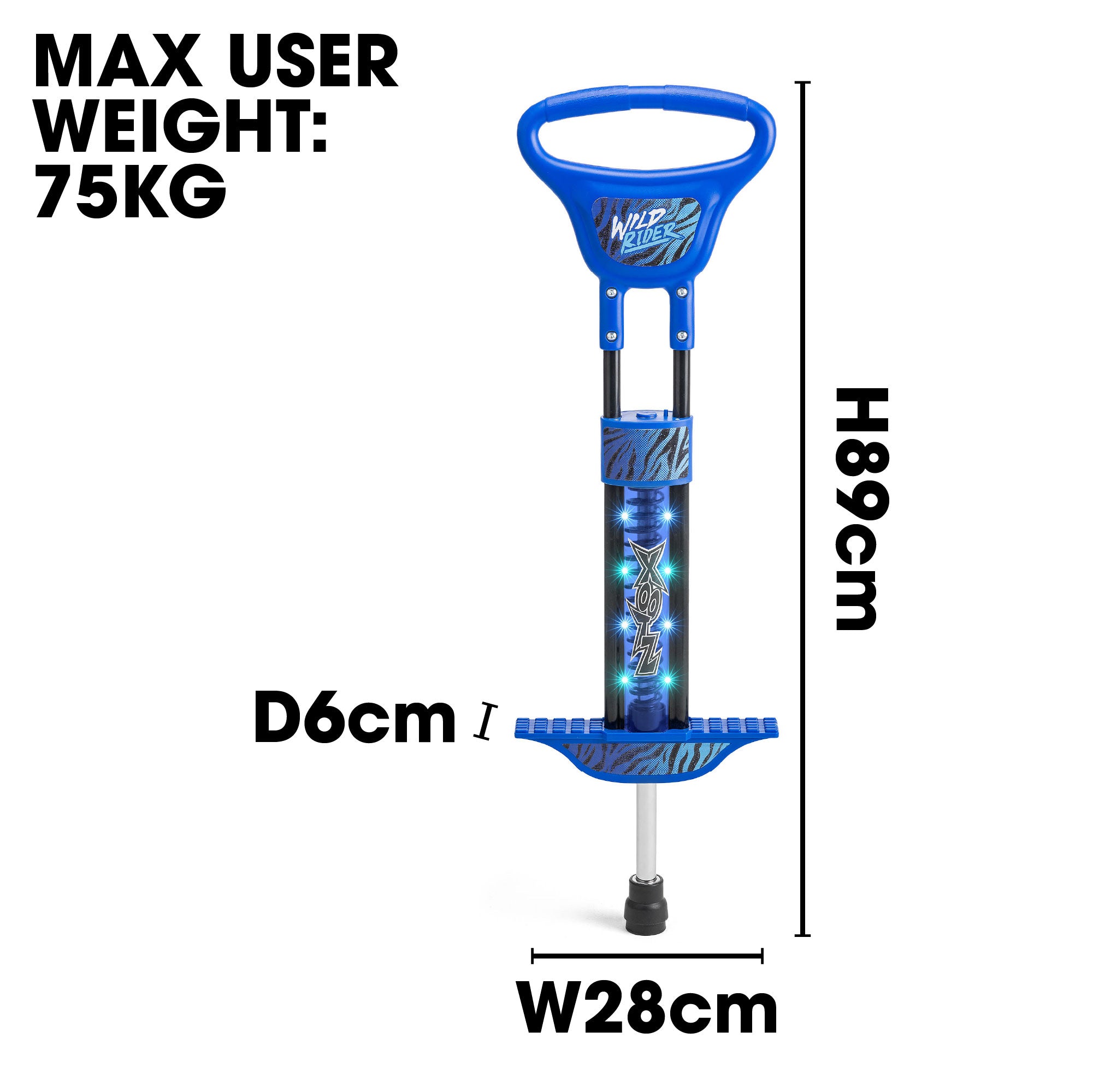 Blue pogo stick with dimensions and maximum user weight on a white background