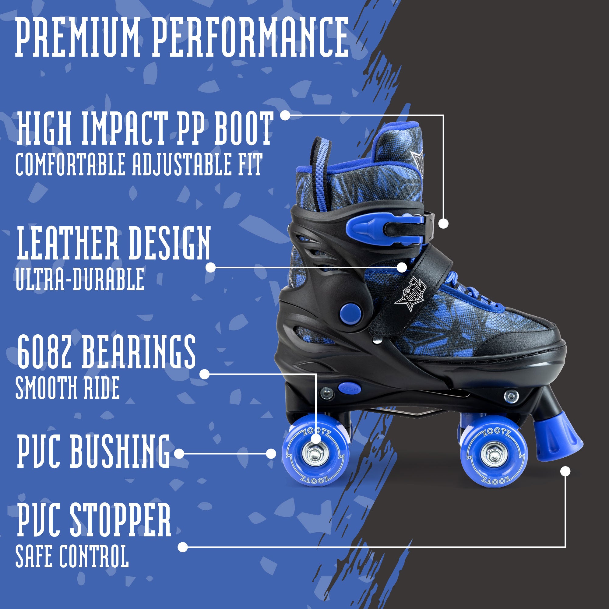 Kids Semi Soft Quad Roller Skates | Black | Xootz