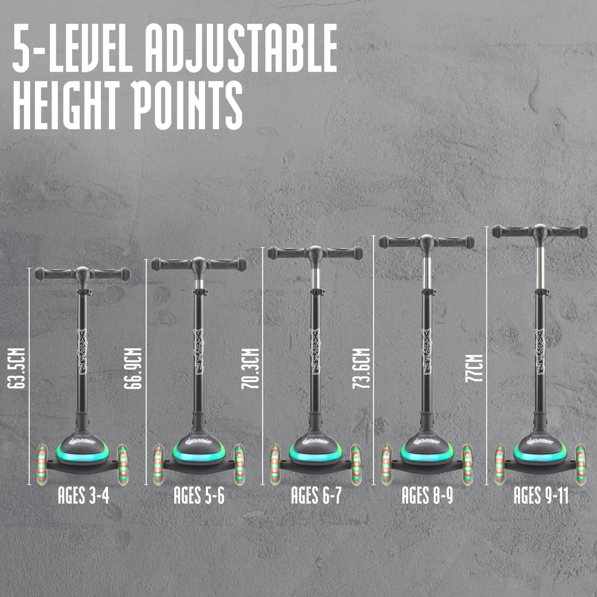 fully adjustable LED scooter with 5 level adjustable height points