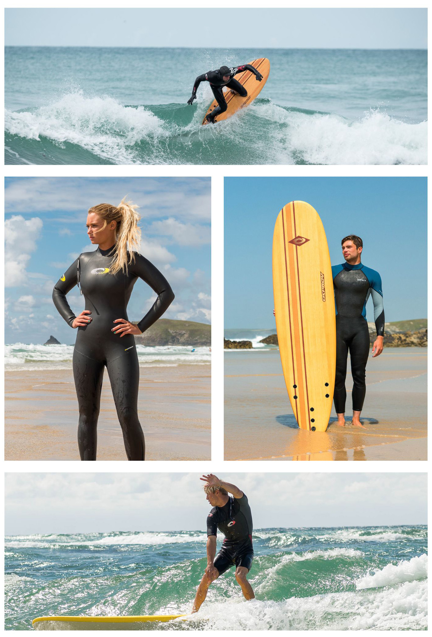 Male and female models posing on the beach in full length wetsuits