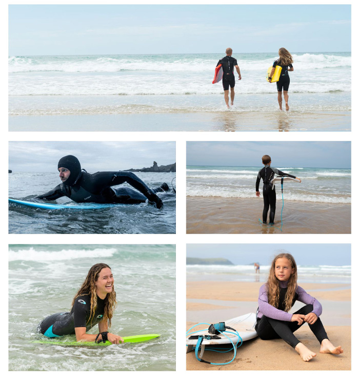 Collage of adults and children in wetsuits on the beach and surfing in the sea